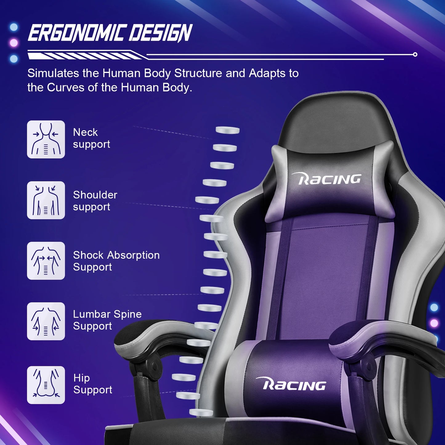 AUTHMIC Ergonomic Gaming Chair with 170° Reclining Backrest, Foldable Footrest, Soft Armrests, Supports 150kg, Breathable Material