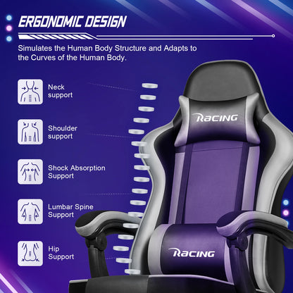 AUTHMIC Ergonomic Gaming Chair with 170° Reclining Backrest, Foldable Footrest, Soft Armrests, Supports 150kg, Breathable Material