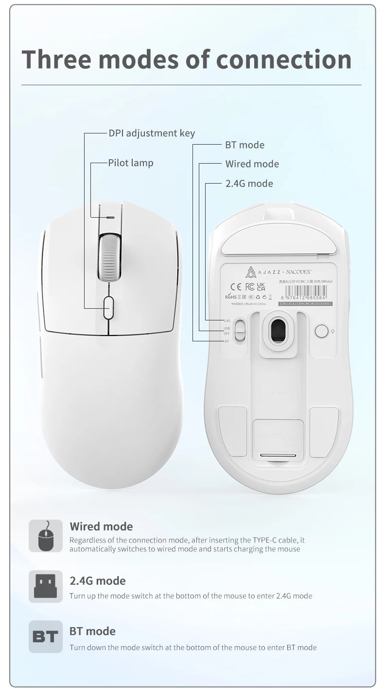 Mouse wireless AJAZZ AJ139Pro/AJ139V2MC con chipset PMW3395/PAW3311, 12000-26000Dpi, mouse da gaming professionale