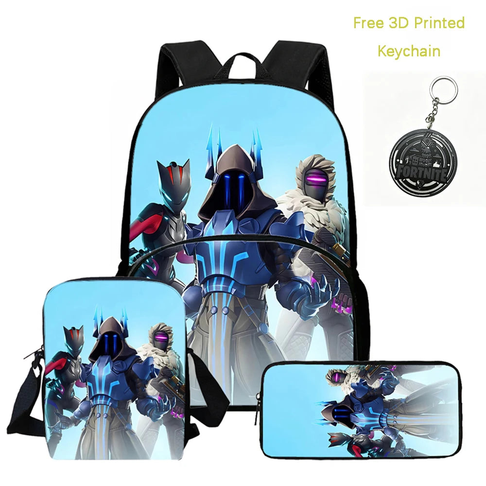 FORTNITE 3Pcs Lightweight Backpack With Front Pocket,Crossbody Bag&Pencil Case For Age 5-9 Boys Girls,Free 3D Printed Keychain.