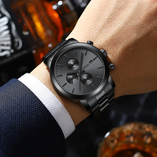 Montre pour homme CRRJU – Chronographe en acier inoxydable, étanche, avec affichage de la date, mouvement à quartz analogique, style élégant et professionnel