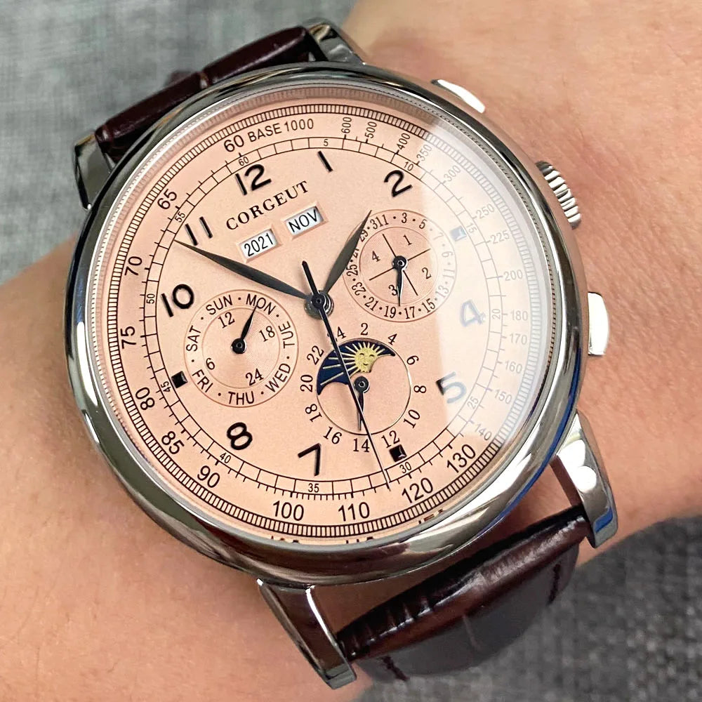 Automatikuhr für Herren, Multifunktionsanzeige für Datum, Tag, Monat und Jahr, 316L mechanische Herrenuhr, poliertes Gehäuse, Tag-/Nachtanzeige, 42mm