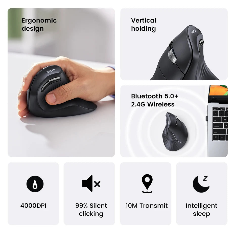 UGREEN Vertical Mouse Wireless Bluetooth 5.0 2.4G Ergonomic 4000DPI 6 Mute Buttons for MacBook Tablet Laptops Computer PC Mice