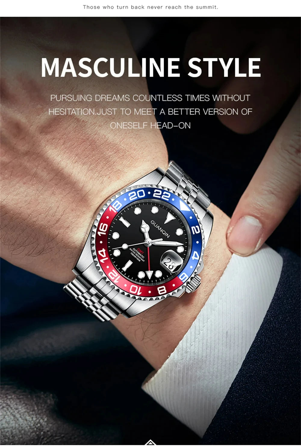 GUANQIN GMT Reloj para hombre 2025 nuevo reloj automático para hombre NH34 reloj mecánico de pulsera con cristal de zafiro y acero inoxidable para mano izquierda