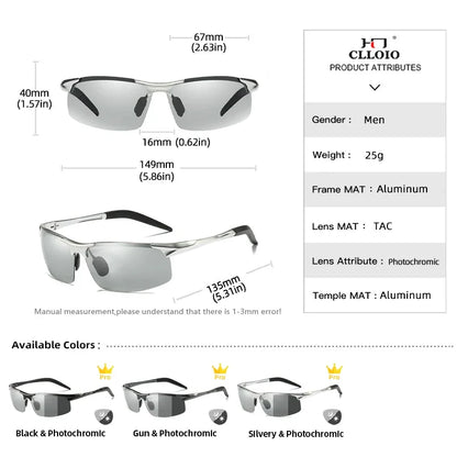 CLLOIO Aluminum Rimless Photochromic Sunglasses Men Polarized Driving Chameleon Anti-Glare Glasses Travel Fishing Goggle UV400