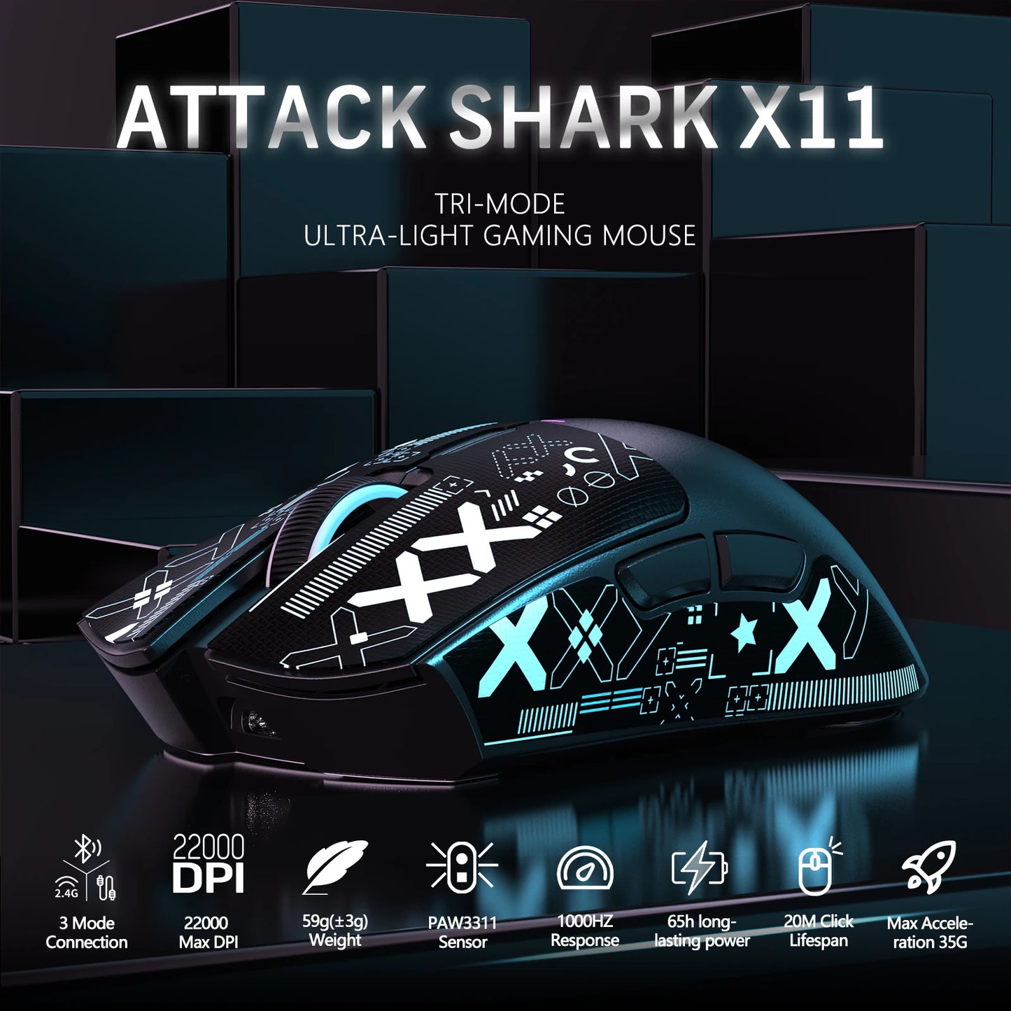 Mouse da gaming wireless ATTACK SHARK X11 con dock di ricarica e sensore gaming PixArt PAW3311, BT/2.4G wireless/cablato