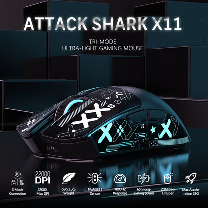 Mouse da gaming wireless ATTACK SHARK X11 con dock di ricarica e sensore gaming PixArt PAW3311, BT/2.4G wireless/cablato
