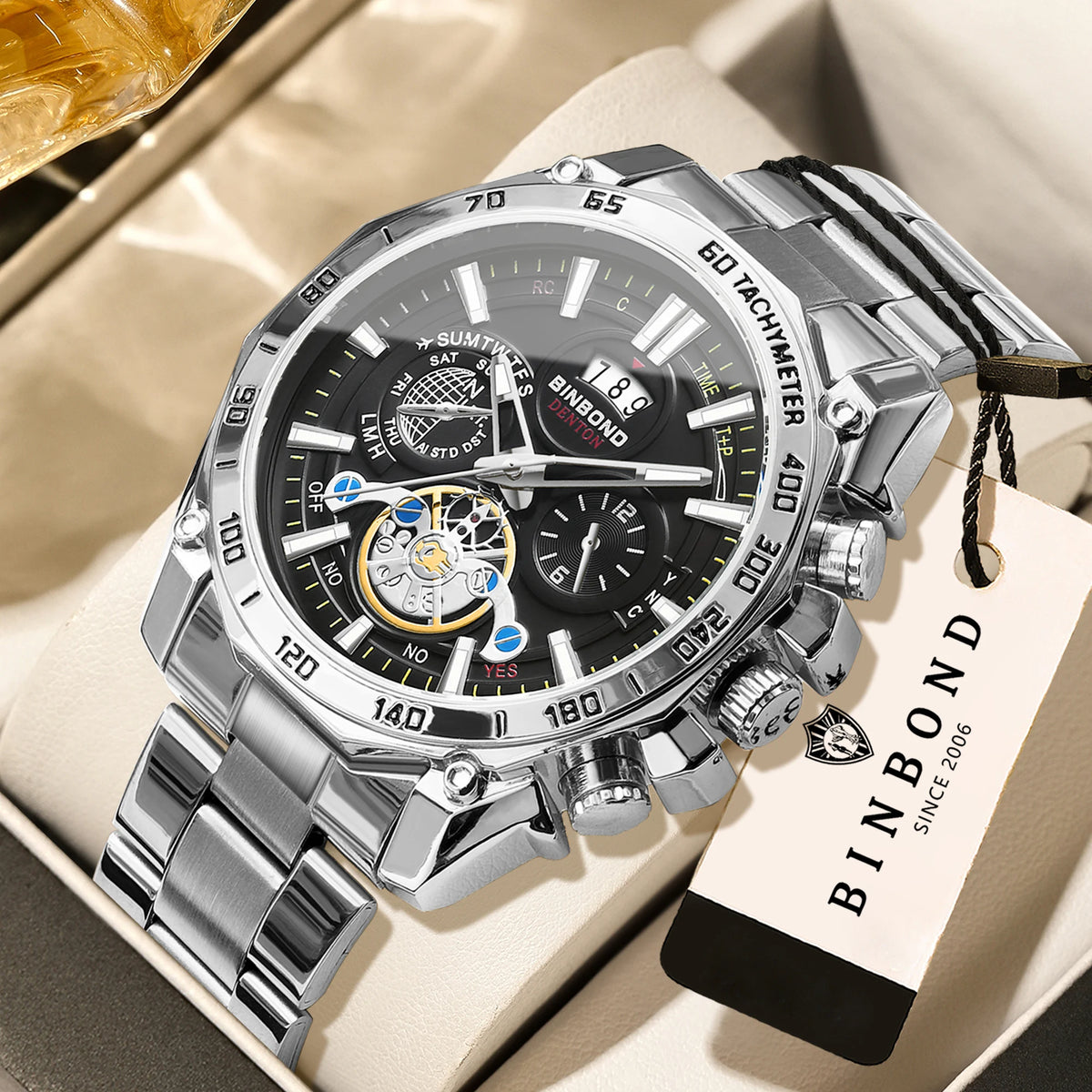 Montres à quartz de luxe BINBOND pour hommes, lumineuses, étanches, avec date automatique, précises et durables, style sport et affaires.