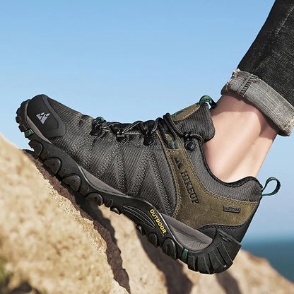 HIKEUP Pantofi de drumeție pentru bărbați, pentru patru sezoane, sport outdoor, piele naturală, rezistenți la uzură, pantofi de escaladă cu talpă din cauciuc, sneakeri de trekking