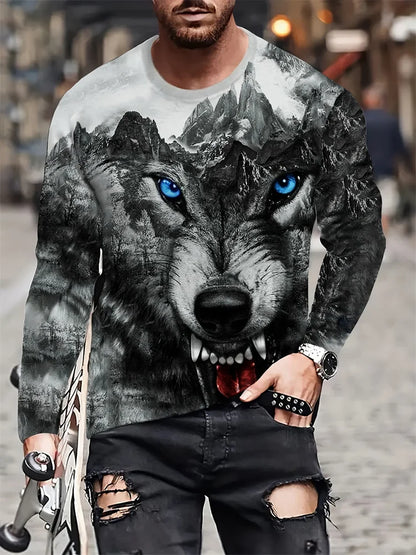 2024 Neues Herren-Langarmshirt mit Wolf-Print – lässiges Herren-Shirt für Frühling und Herbst, Street-Fashion-Langarmshirt