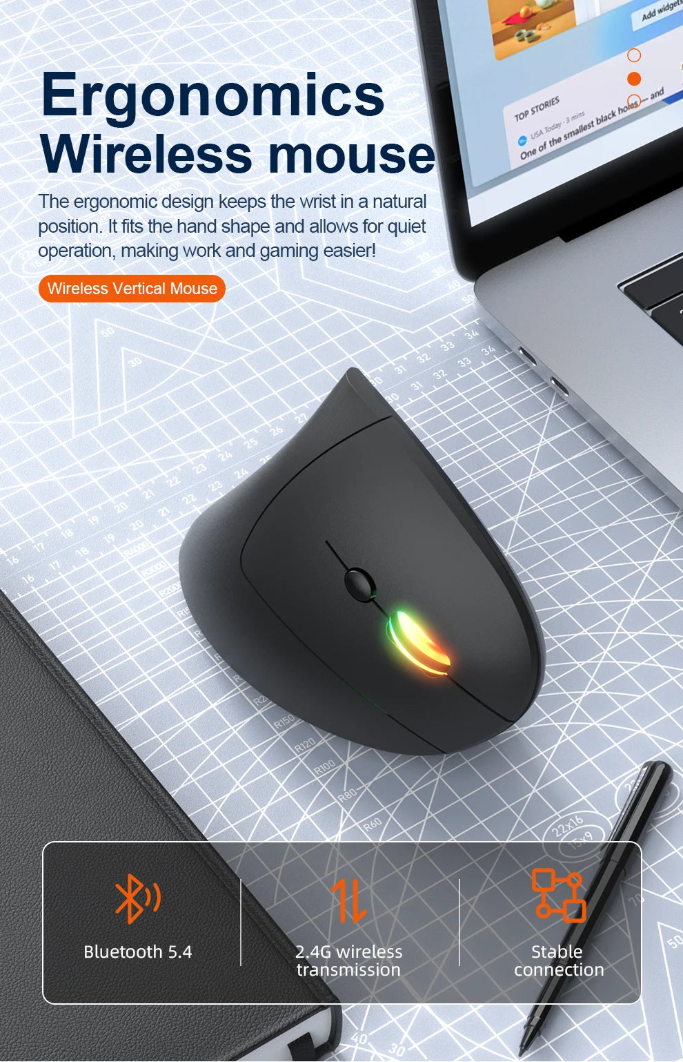2.4G Bluetooth kabellose vertikale Maus, wiederaufladbar, ergonomisch, 1600DPI einstellbare Gaming-Maus mit 6 Tasten für Laptop, PC und Computer
