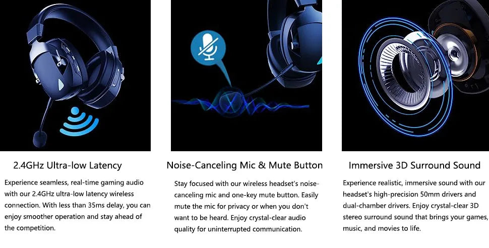 Cuffie da gaming con microfono rimovibile con cancellazione del rumore – Cuffie da gaming wireless a 3 modalità Bluetooth 5.3, 2.4G USB e cablate 3.5mm con driver da 50mm
