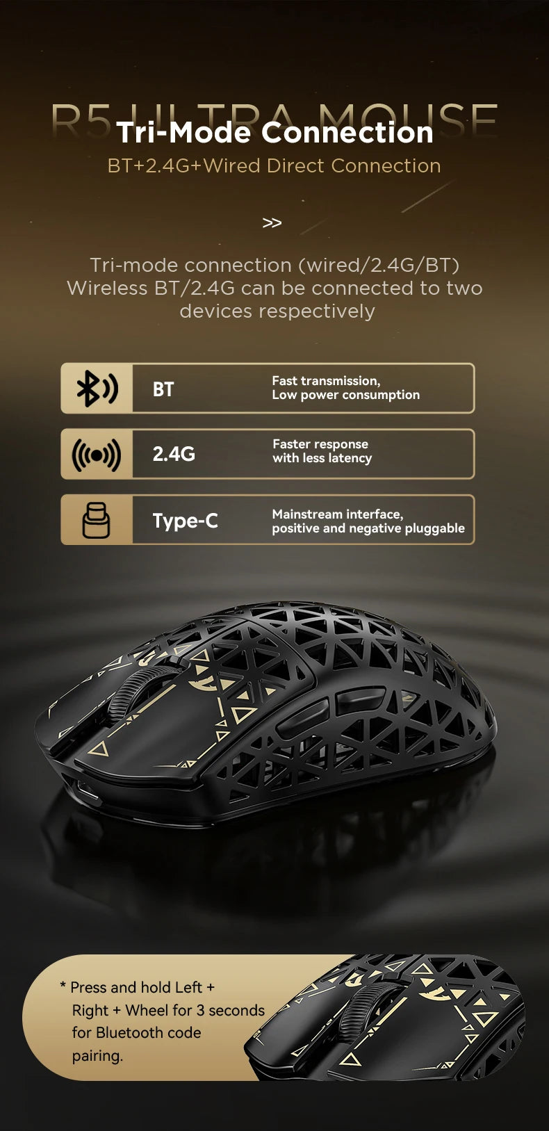 ATTACK SHARK R5 Tri-mode Ultra Wireless Gaming Mouse Carbon Fiber 8K, PAW3950MAX, 8000Hz Wireless Polling Rate, DPI up to 42000