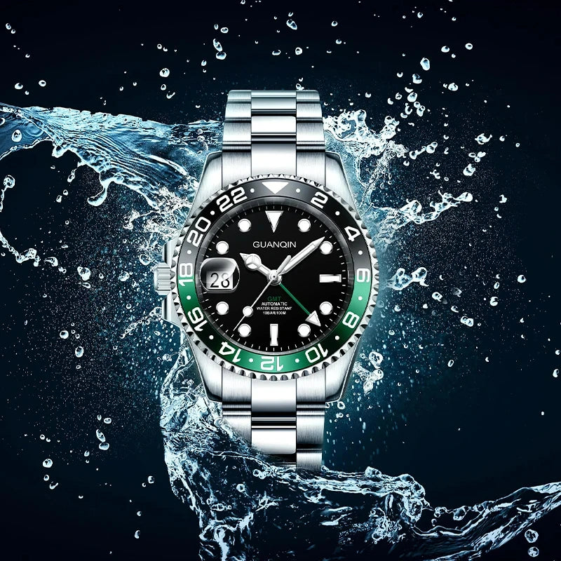 GUANQIN GMT Reloj para hombre 2025 nuevo reloj automático para hombre NH34 reloj mecánico de pulsera con cristal de zafiro y acero inoxidable para mano izquierda