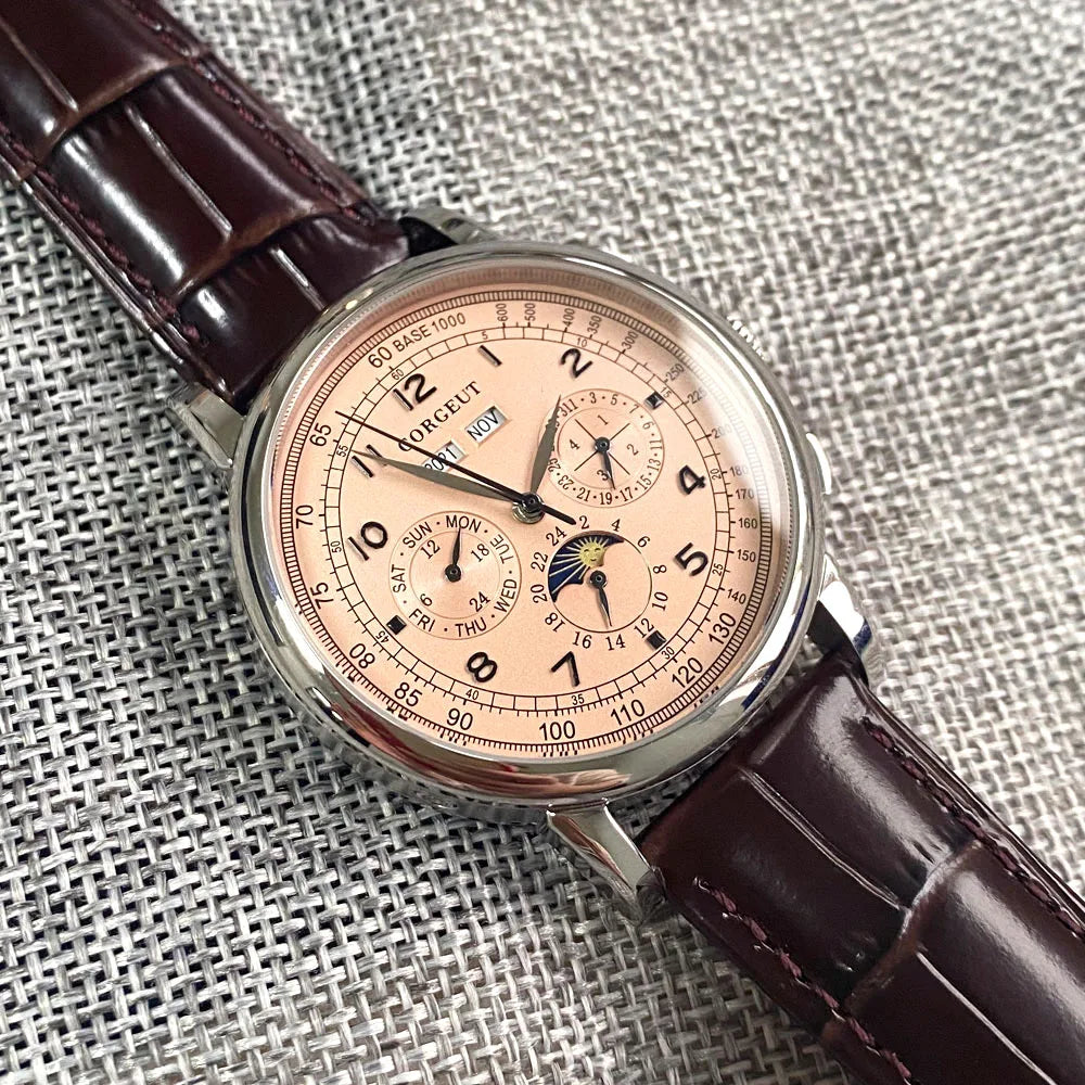 Automatikuhr für Herren, Multifunktionsanzeige für Datum, Tag, Monat und Jahr, 316L mechanische Herrenuhr, poliertes Gehäuse, Tag-/Nachtanzeige, 42mm