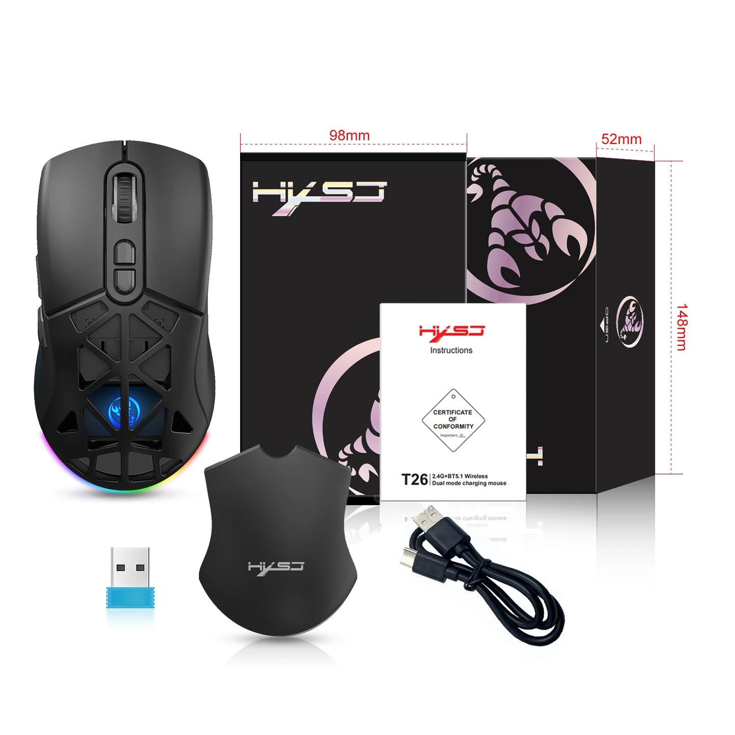 HXSJ T26 Dual Mode Wireless Gaming Mouse, Bluetooth 5.1 & 2.4G Rechargeable Gaming Mouse, 4800 DPI Ergonomic Optical Mouse for Laptop & PC
