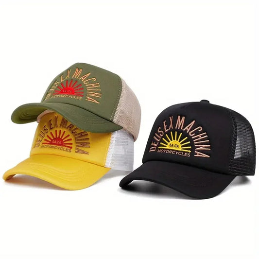 Novos bonés de basebol unissexo para exterior com letras bordadas, pala para sol em colour block, malha respirável, estilo trucker, versáteis e modernos