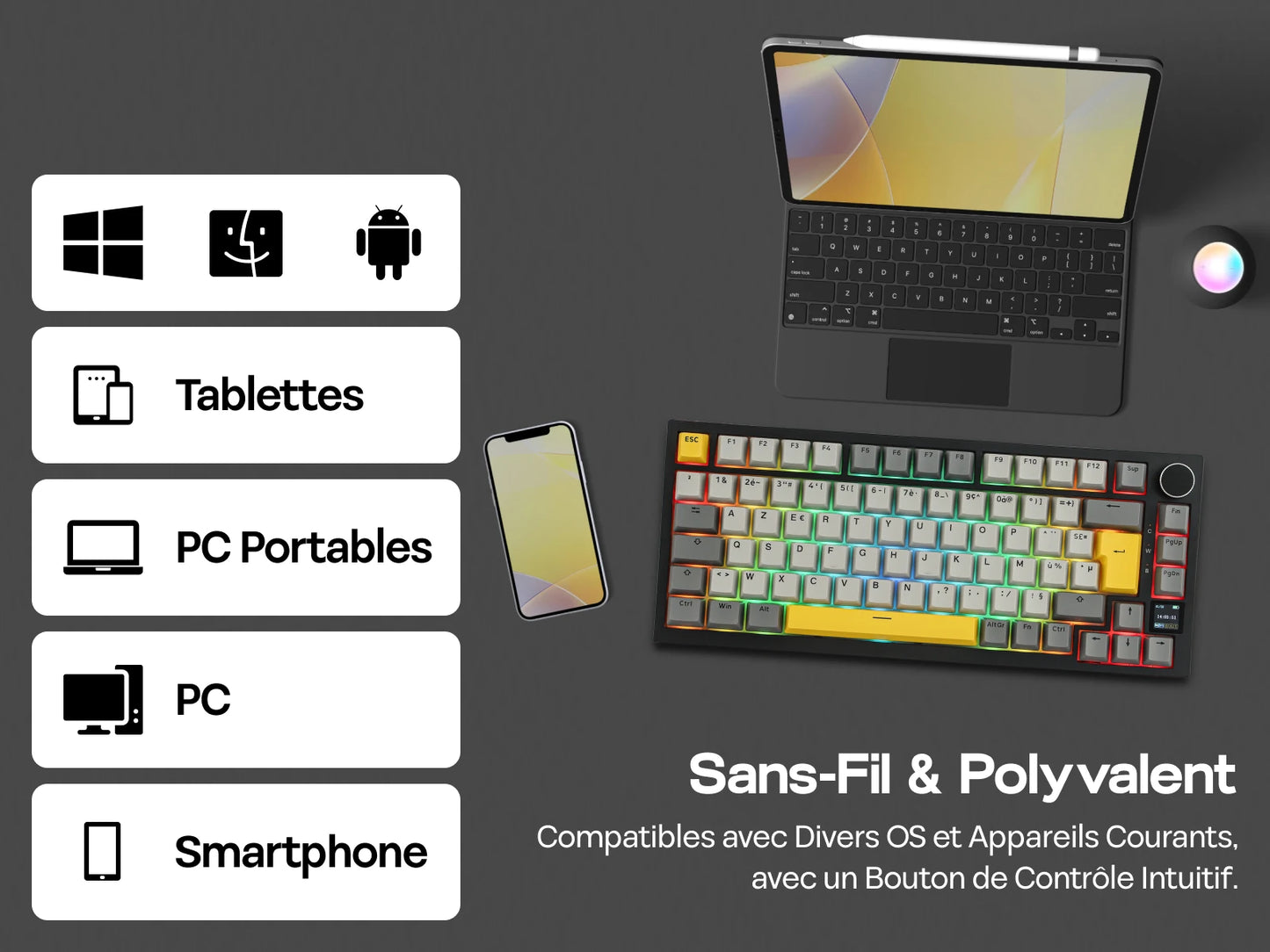 Distribución ISO-FR EPOMAKER X AJAZZ AK820 PRO 75% AZERTY francés, teclado mecánico hot-swap con cable/BT/inalámbrico 2.4GHz para Win/Mac/PC