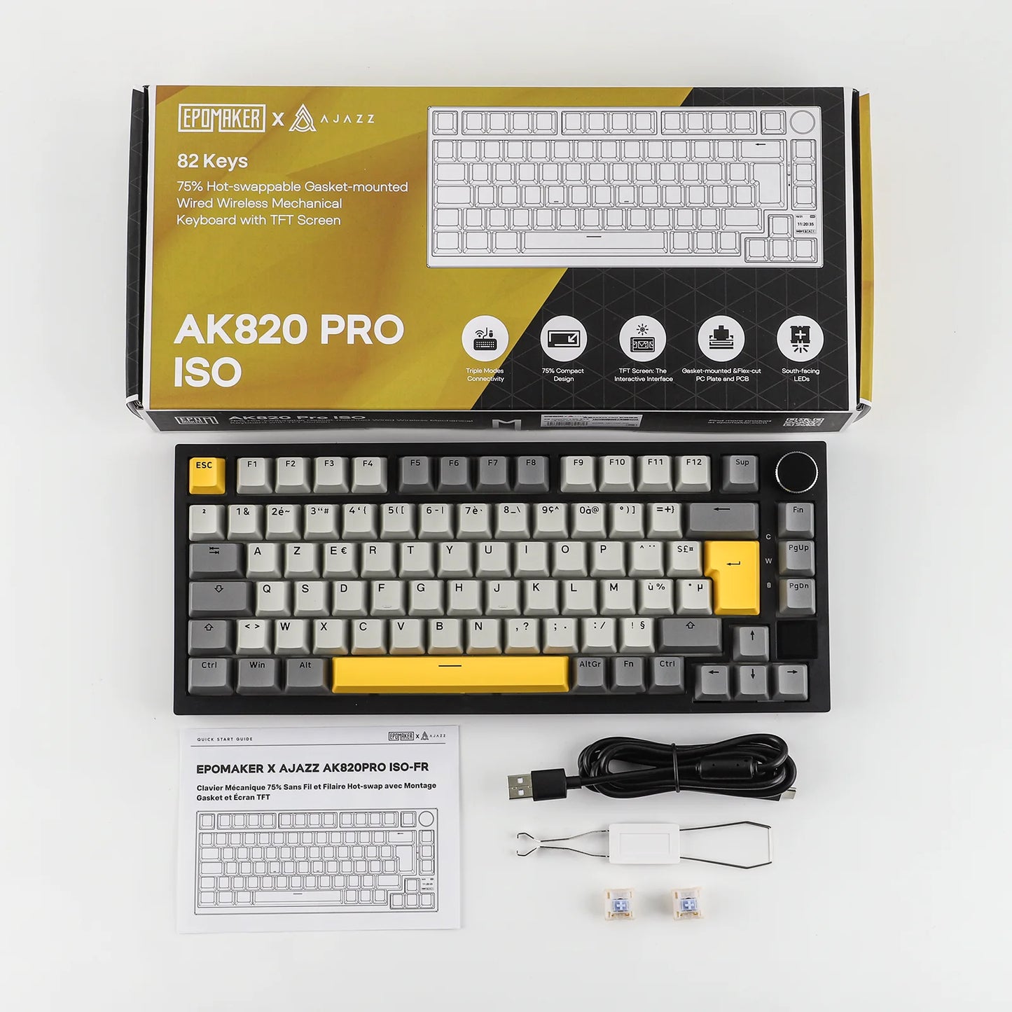 Distribución ISO-FR EPOMAKER X AJAZZ AK820 PRO 75% AZERTY francés, teclado mecánico hot-swap con cable/BT/inalámbrico 2.4GHz para Win/Mac/PC