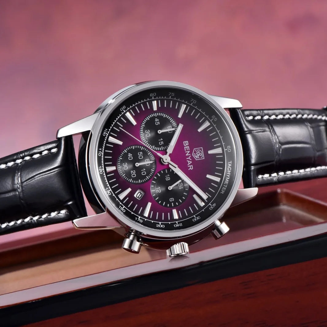 Benyar Luxus-Herrenuhr – Chronograph mit Datumsanzeige, Lederarmband, wasserdicht, leuchtend, sportlicher und militärischer Stil, Quarzuhr