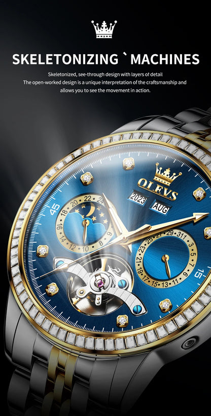 OLEVS 7016 Luxury Automatic Watch Men Skeleton Tourbillon Moon Phase Calendar Waterproof Stainless Steel Mechanical Wristwatch