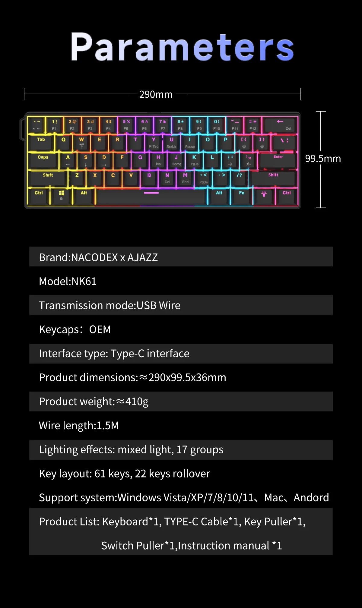 Teclado mecânico gaming com fios AJAZZ NK61 60% RGB hot-swappable, 61 teclas, switch vermelho, mini teclado para PC gamer