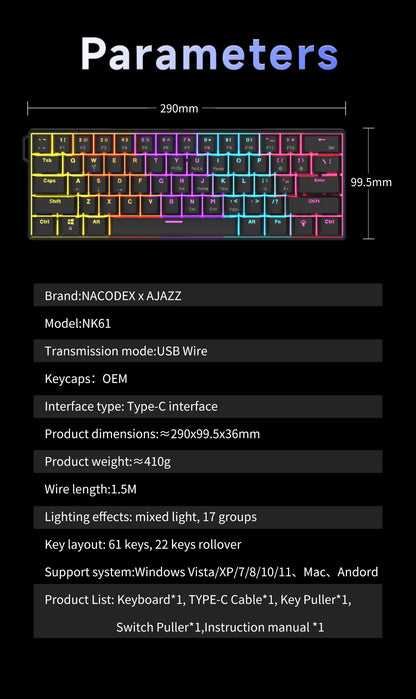 Teclado mecânico gaming com fios AJAZZ NK61 60% RGB hot-swappable, 61 teclas, switch vermelho, mini teclado para PC gamer