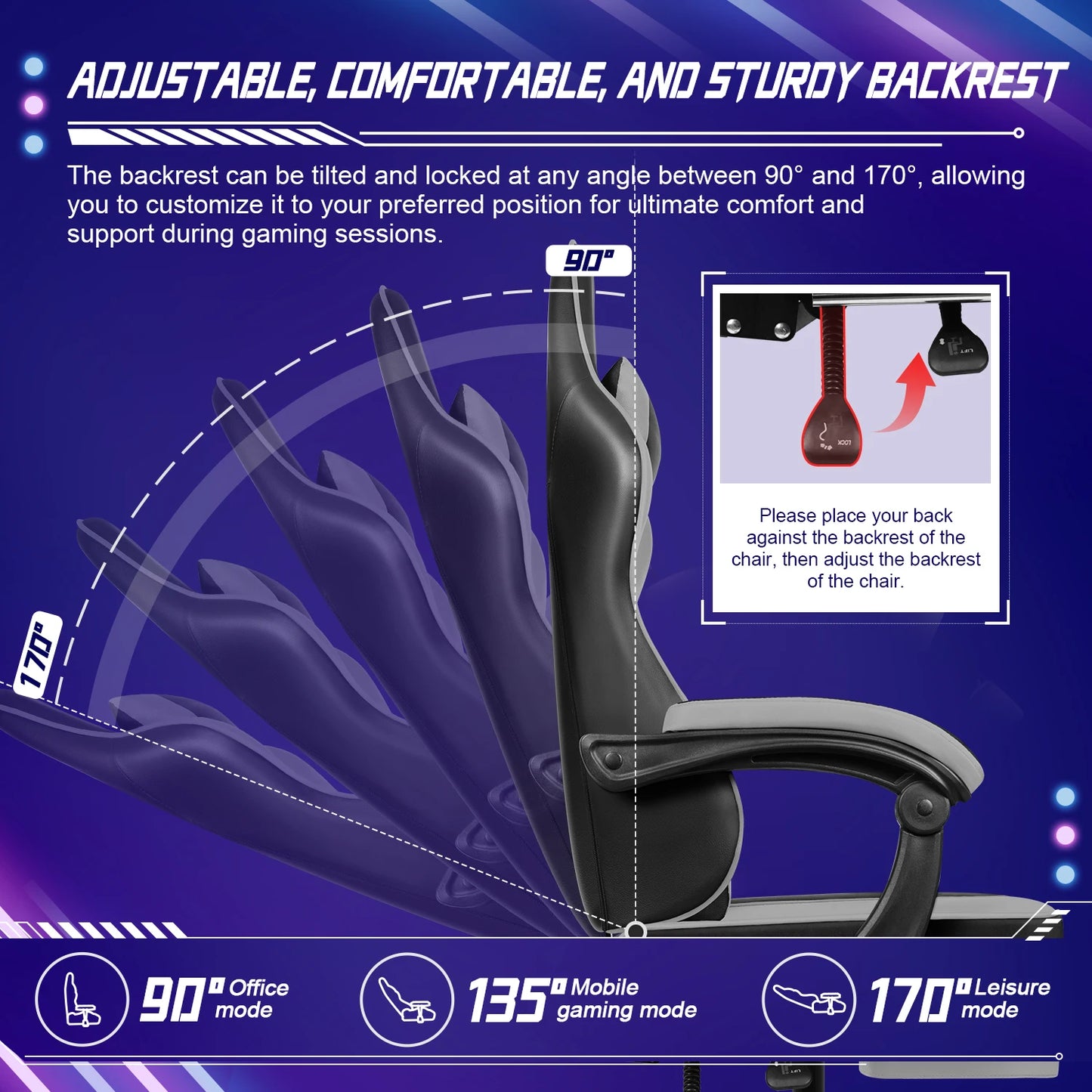 AUTHMIC Ergonomic Gaming Chair with 170° Reclining Backrest, Foldable Footrest, Soft Armrests, Supports 150kg, Breathable Material