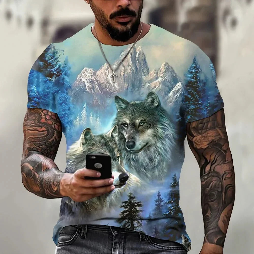 Modna muška majica s grafičkim prikazom vukovog režanja, ljetna ležerna majica okruglog izreza, trendi ulična muška odjeća, svakodnevne ležerne majice