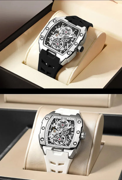 MEGIR Fashion Sport Alloy Case Men Mechanics Watch Waterproof Silicone Band Barrel Shaped Dial Luminous Pointer Man Wristwatches