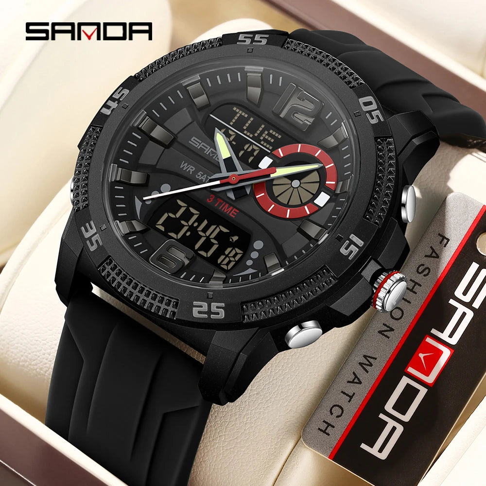 SANDA Fashion Luxury Men's Watches Dual Digital Display Sport Analog Quartz Man Wristwatch Casual Waterproof Silica Chronograph
