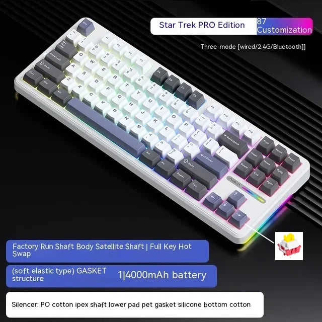 Teclado Mecânico AULA F87 Pro 2.4g/USB/Bluetooth sem fios trimodo, 87 teclas, RGB, PBT, estrutura gasket, 5 camadas de isolamento acústico, teclas completas sem impacto