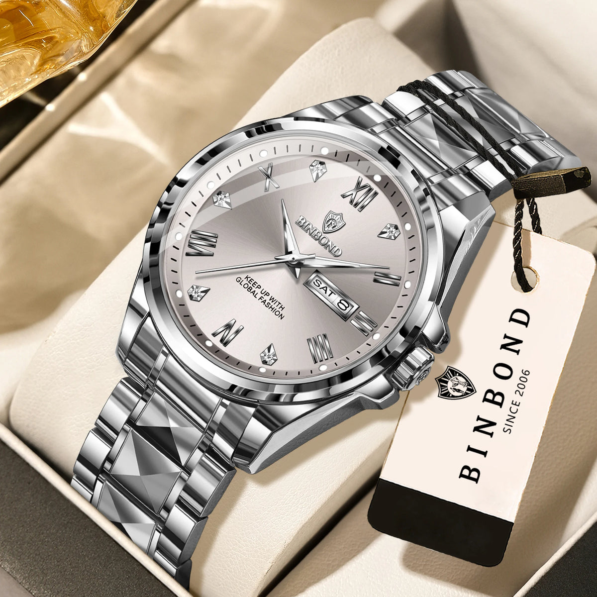BINBOND men’s quartz wristwatch – Professional style, luxurious, luminous, robust and durable, water-resistant, with automatic date and day-of-the-week display.