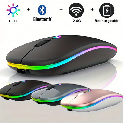 Wireless Mouse with Bluetooth and 2.4GHz Dual Modes Rechargeable RGB Ergonomic Silent Click for PC iPad Laptop Cell Phone TV