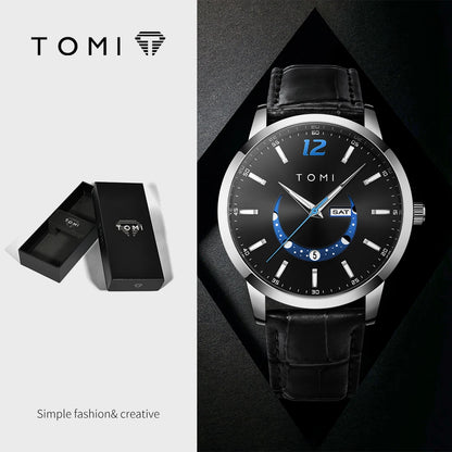 Montre à quartz TOMI, style business et élégant, avec bracelet en cuir, boîtier en alliage et cadran à aiguilles – Design haut de gamme, idée cadeau pour homme