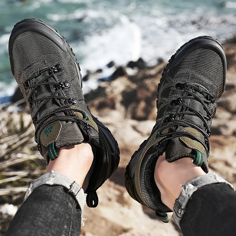 HIKEUP Pantofi de drumeție pentru bărbați, pentru patru sezoane, sport outdoor, piele naturală, rezistenți la uzură, pantofi de escaladă cu talpă din cauciuc, sneakeri de trekking