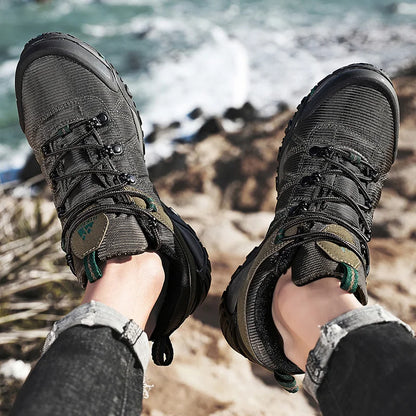 HIKEUP Pantofi de drumeție pentru bărbați, pentru patru sezoane, sport outdoor, piele naturală, rezistenți la uzură, pantofi de escaladă cu talpă din cauciuc, sneakeri de trekking