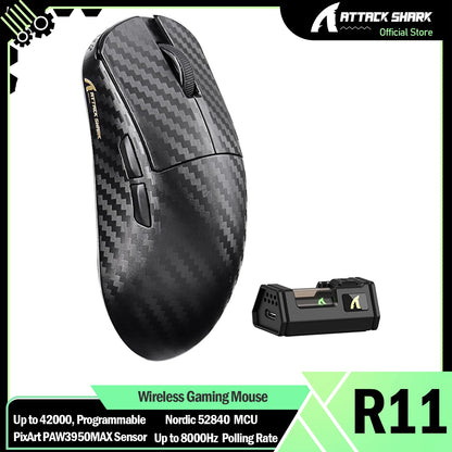 Ratón gaming inalámbrico ATTACK SHARK R11 ULTRA de fibra de carbono 49g 8000Hz, 42000 DPI, 20000 FPS, PAW3950MAX, chip Nordic 52840