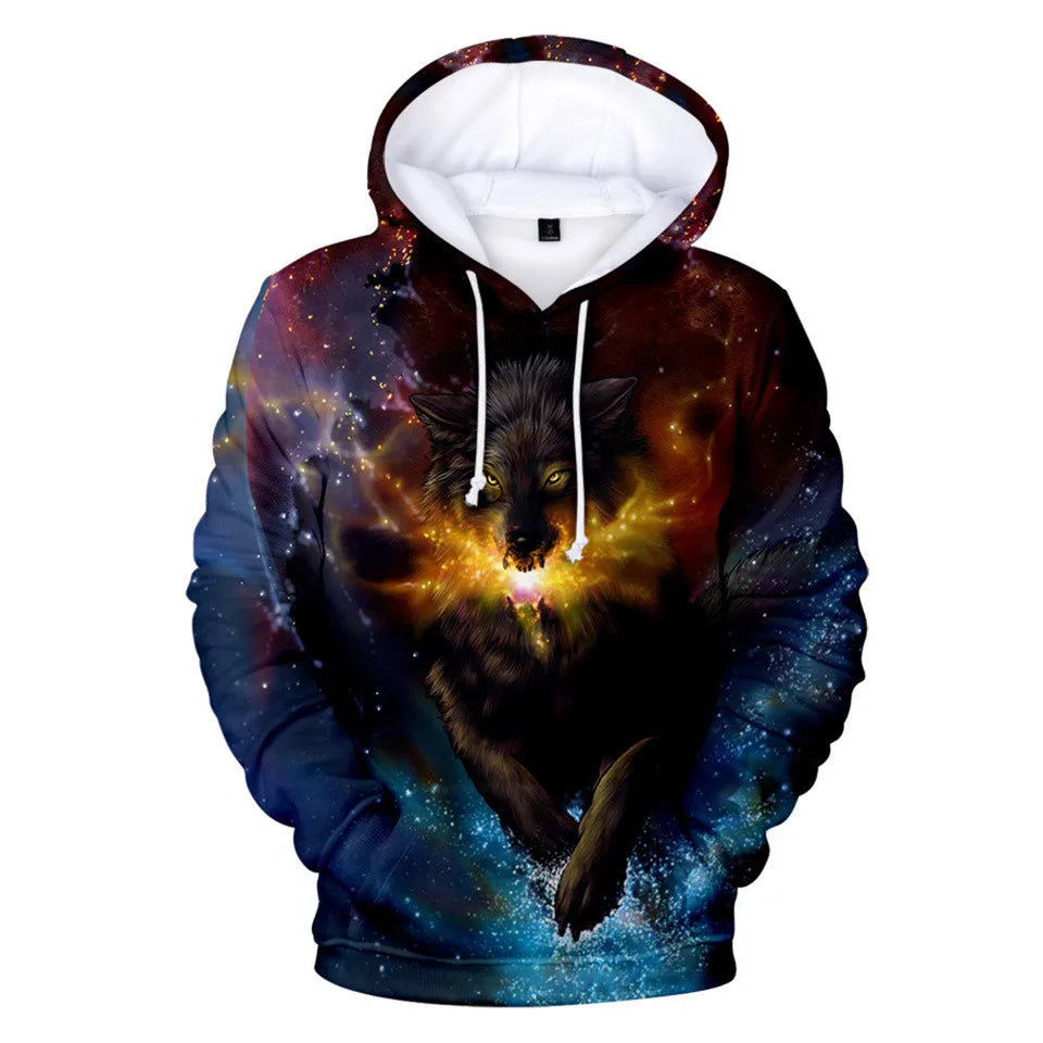 Sweatshirt com Capuz Cool Space Galaxy Wolf para Homem — Lobo Brilhante, Estilo Fashion, Pullover de Primavera e Outono