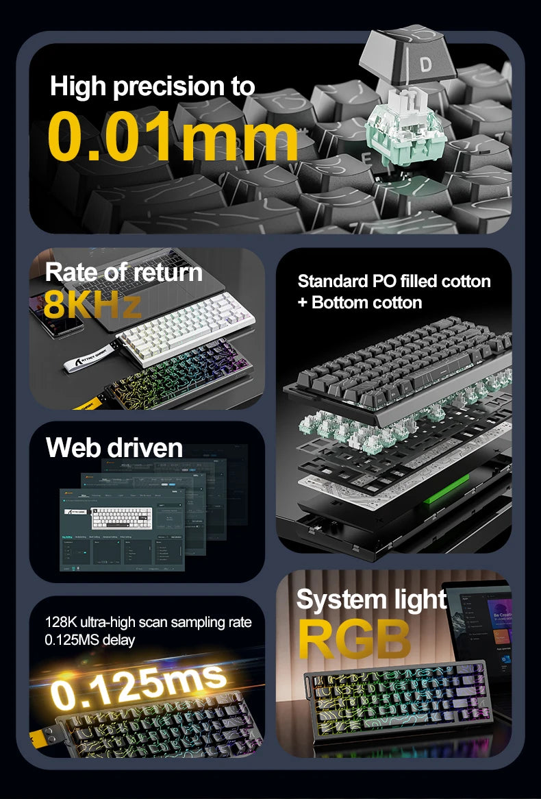 Teclado gaming magnético ATTACK SHARK X68HE X68PRO HE e FREEWOLF F68 com fios F68Pro sem fios para gaming profissional 0.01mm Rapid Trigg