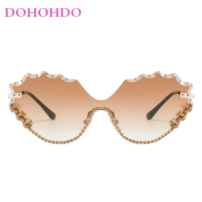Fashion Luxury Brand Design Diamond Wave Rimless Women Sunglasses Hip Hop Eyewear Outdoor Glasses Unisex Shades Glasses UV400