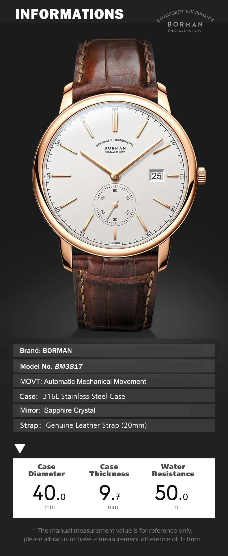 Reloj BORMAN BM3817 TOP nuevo de 42 mm, reloj de lujo para hombre, automático mecánico, cristal de zafiro, ultrafino, impermeable 50M, con subesfera