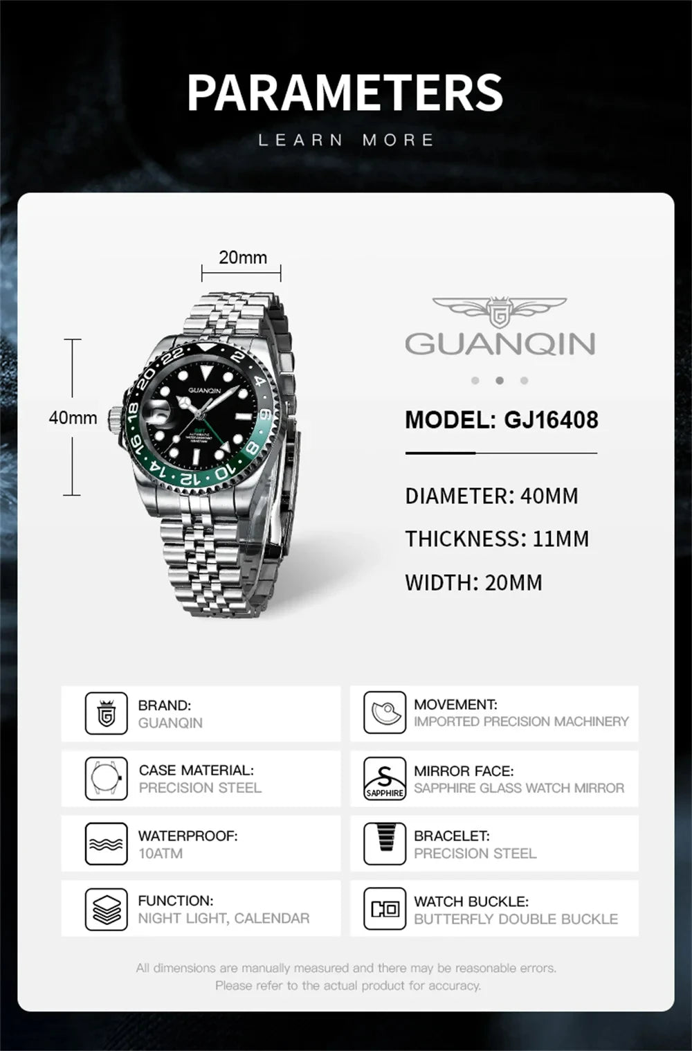 GUANQIN GMT Reloj para hombre 2025 nuevo reloj automático para hombre NH34 reloj mecánico de pulsera con cristal de zafiro y acero inoxidable para mano izquierda