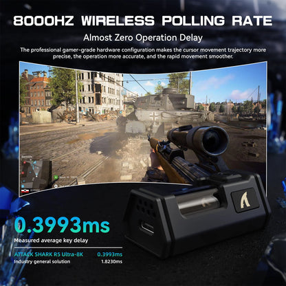 Rato Gaming Sem Fios ATTACK SHARK R5 Ultra 8K em Fibra de Carbono com Sensor 42000 DPI-PAW3950 MAX — ultraleve de 39g para Win/Mac