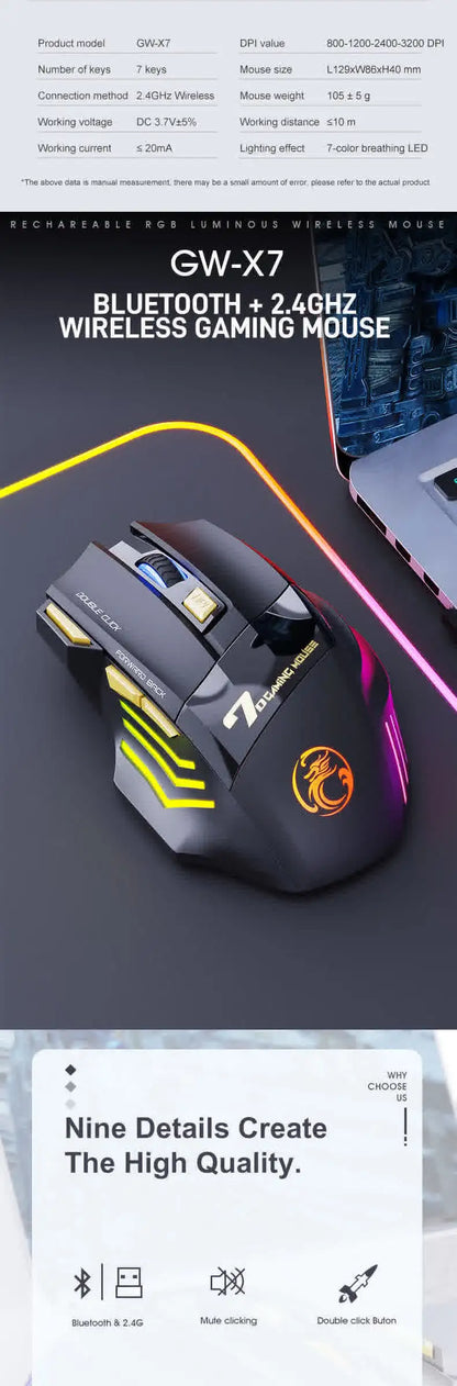 Wireless Mouse Bluetooth Wireless Mouse Rechargeable Computer Mouse Gamer Ergonomic Gaming Mouse RGB Backlit Silent Mice For PC