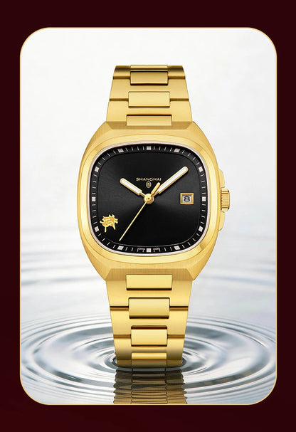 Shanghai Square Vintage Mechanical Watch 24K Gold Automatic Men's Watches 38mm Case 316L Stainless Steel Luxury Wristwatch SH030