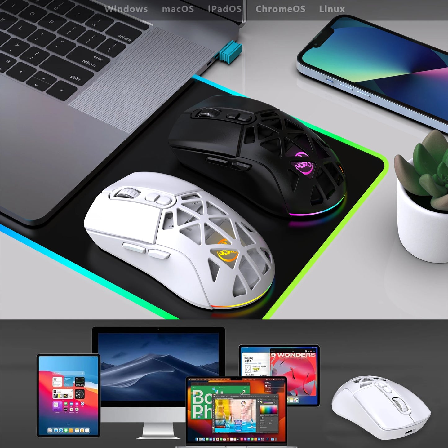 HXSJ T26 Dual Mode Wireless Gaming Mouse, Bluetooth 5.1 & 2.4G Rechargeable Gaming Mouse, 4800 DPI Ergonomic Optical Mouse for Laptop & PC