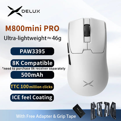 Delux M800mini trådlös gamingmus, 46g lätt, PAW3395/PAW3311, 1KHz polling rate för PC-gamers med små till medelstora händer