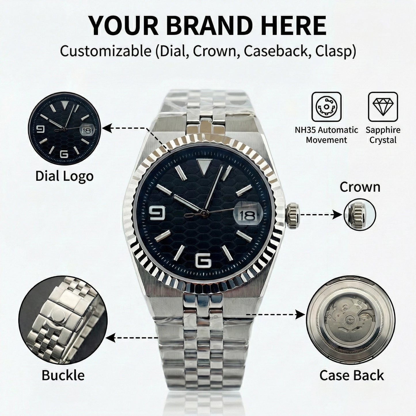 Custom Pilot Watch NH35 Automatic Mechanical Men's Watch Sapphire Crystal Luminous 100M Water Resistant Cushion Case Dive Watch