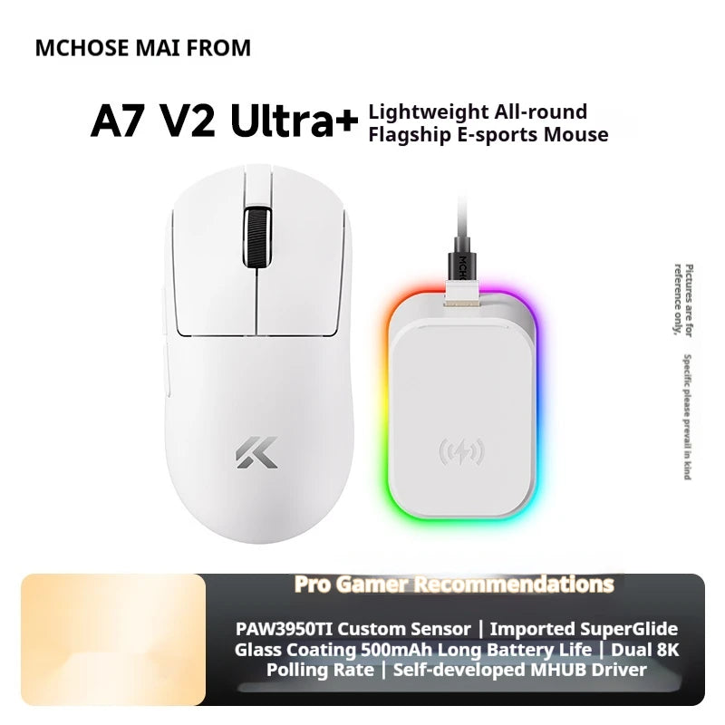 Ratón inalámbrico MCHOSE A7 V2 Ultra+ trimodo ligero Paw3950 Ti 42000dpi 500mah para PC, esports, portátil y gaming, accesorios para ratones